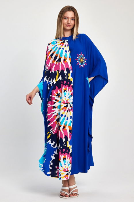 Rochie oversize, cu imprimeu si broderie in nunte de albastru, din vascoza [5]