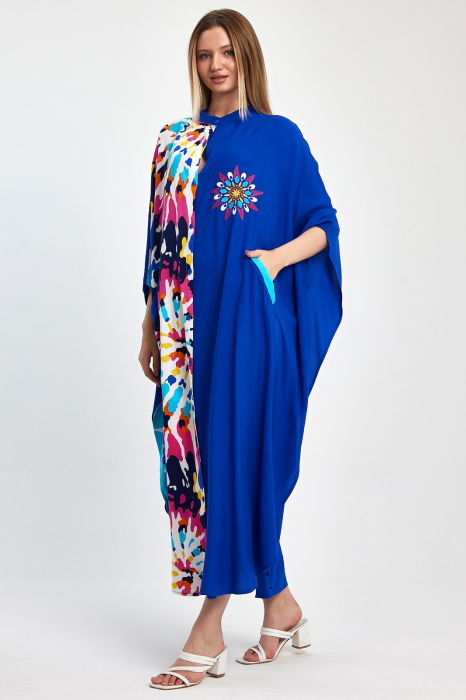 Rochie oversize, cu imprimeu si broderie in nunte de albastru, din vascoza [3]