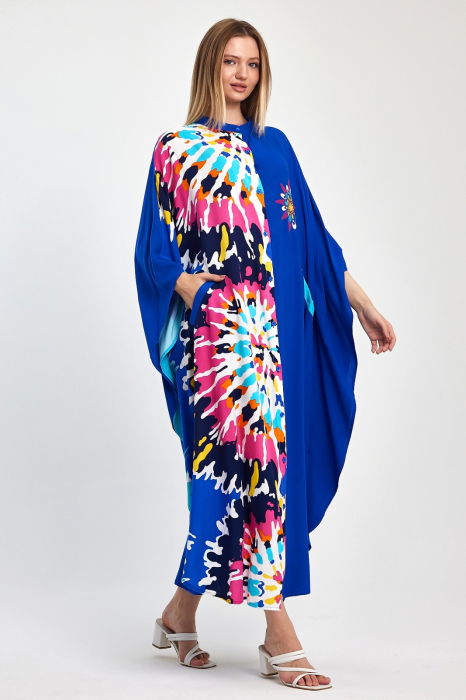 Rochie oversize, cu imprimeu si broderie in nunte de albastru, din vascoza [2]