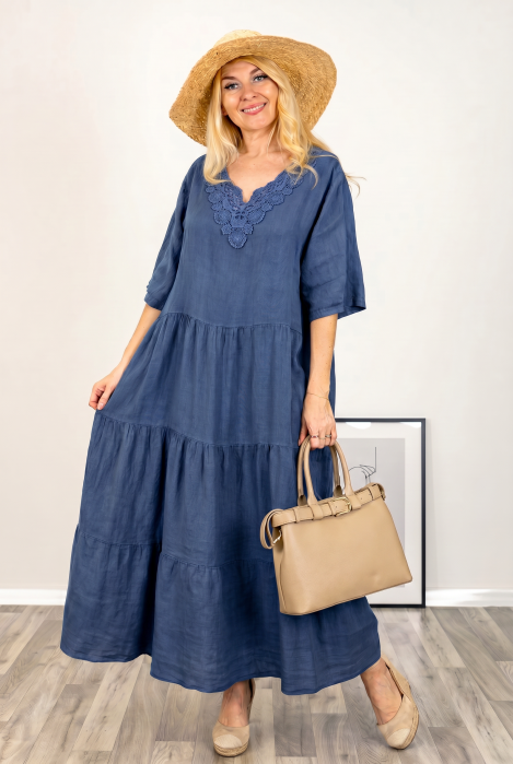 Rochie oversize cu volane si broderie la decolteu, din in, albastru jeans