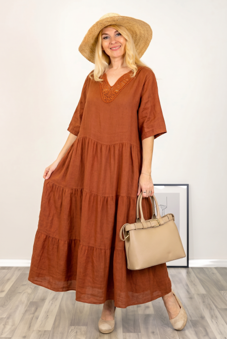 Rochie oversize cu volane si broderie la decolteu, din in, caramizie