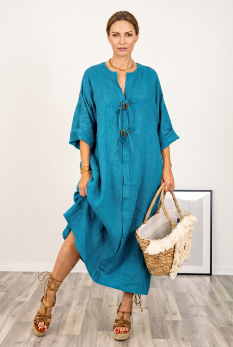 Rochie oversize din in, cu nasturi pe piept, albastru azur
