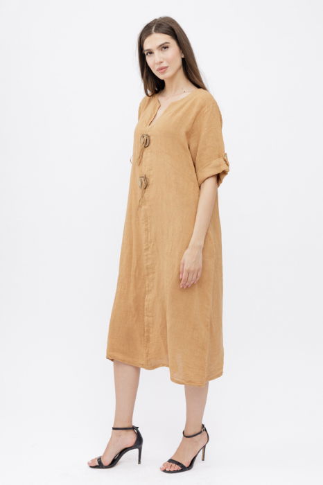 Rochie oversize din in, cu nasturi pe piept, camel [2]