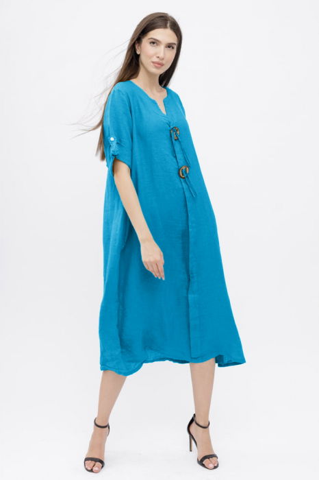 Rochie oversize din in, cu nasturi pe piept, albastru azur [2]
