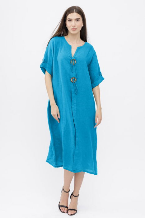 Rochie oversize din in, cu nasturi pe piept, albastru azur