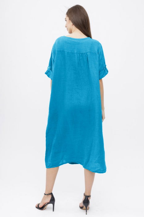 Rochie oversize din in, cu nasturi pe piept, albastru azur [3]
