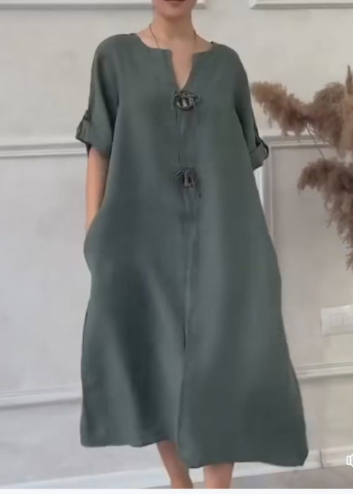 Rochie din in, cu doi nasturi decorativi pe piept, kaki [5]