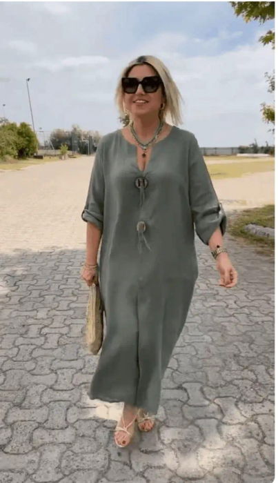 Rochie din in, cu doi nasturi decorativi pe piept, kaki [4]