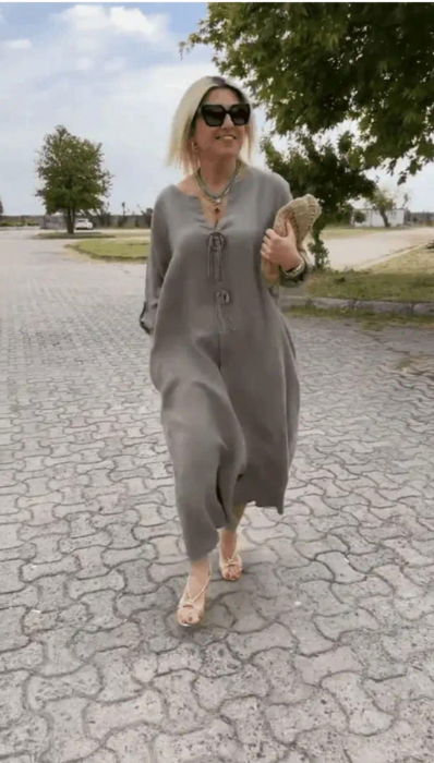 Rochie din in, cu doi nasturi decorativi pe piept, bej inchis [3]