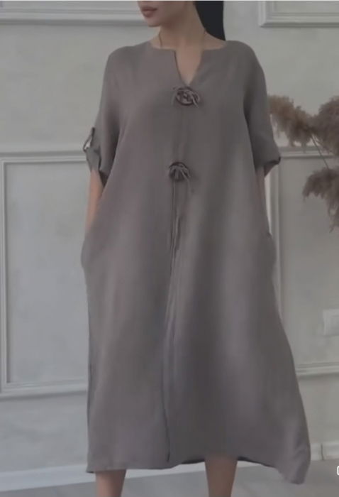 Rochie din in, cu doi nasturi decorativi pe piept, bej inchis [2]