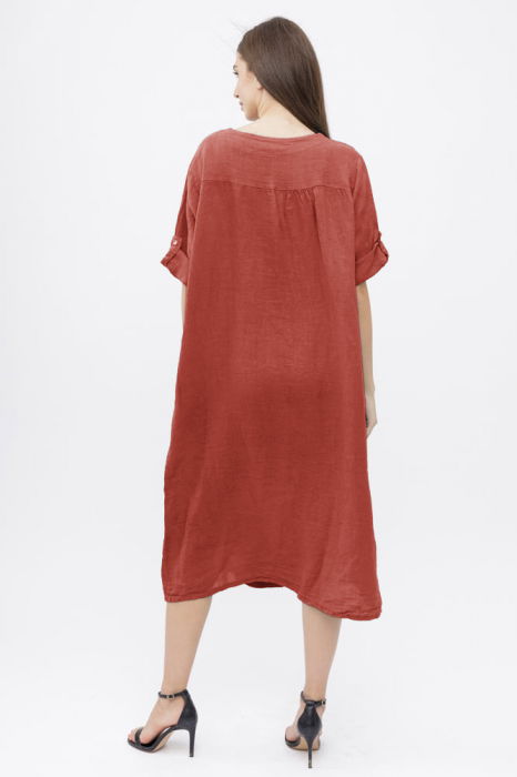 Rochie din in, cu doi nasturi decorativi pe piept, caramizie [3]