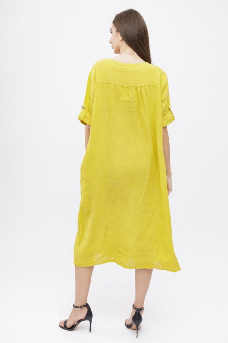 Rochie din in, cu doi nasturi decorativi pe piept, galbena [4]