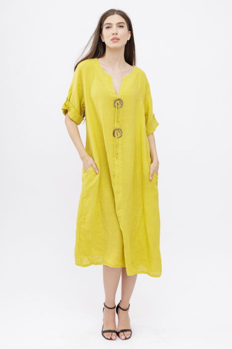 Rochie din in, cu doi nasturi decorativi pe piept, galbena [2]