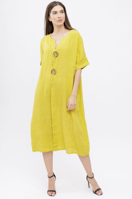 Rochie din in, cu doi nasturi decorativi pe piept, galbena