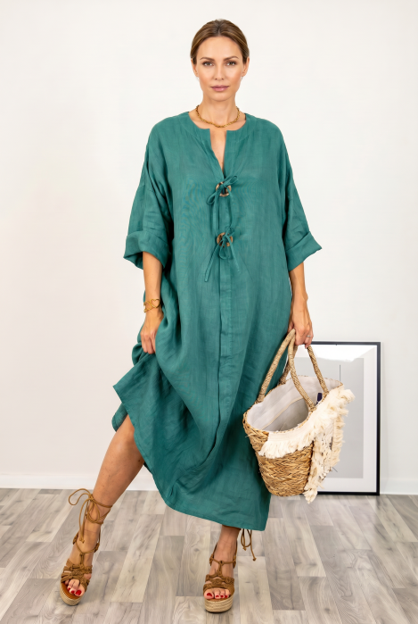 Rochie oversize din in, cu nasturi pe piept, turcoaz inchis