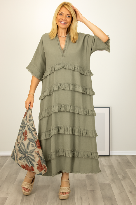 Rochie oversize din in si bumbac cu volane aplicate, kaki