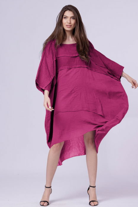 Rochie oversize, magenta, din in si batist de bumbac