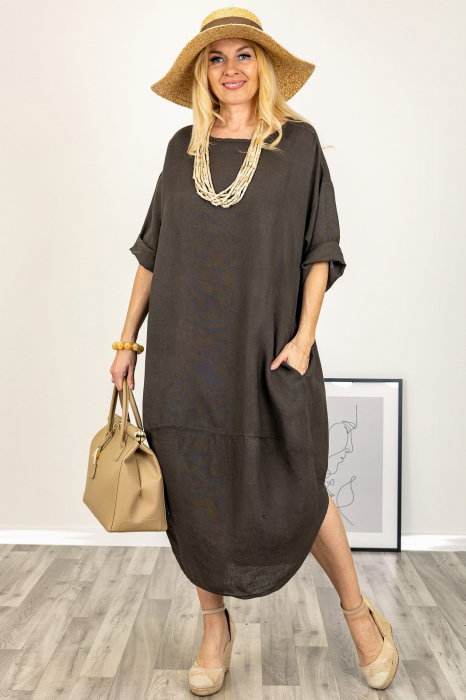 Rochie oversize lalea, din in maron ciocolata