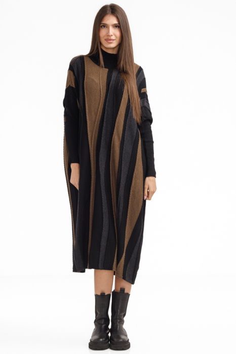 Rochie oversize tricotata cu dungi unduitoare si croi lejer, negru-camel [2]