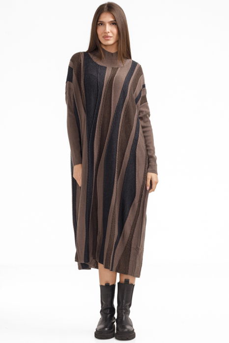 Rochie oversize tricotata cu dungi unduitoare si croi lejer, bej-maro [3]
