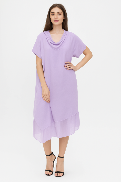 Rochie oversize usor asimetrica A-line, din in cu guler si volan din matase, lila