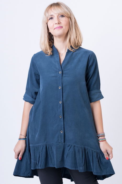 Rochie pentru colanti cu volan, din catifea reiata, turcoaz inchis [2]