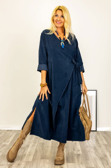 Rochie petrecuta oversize A-line, din catifea reiata, bleumarin [3]