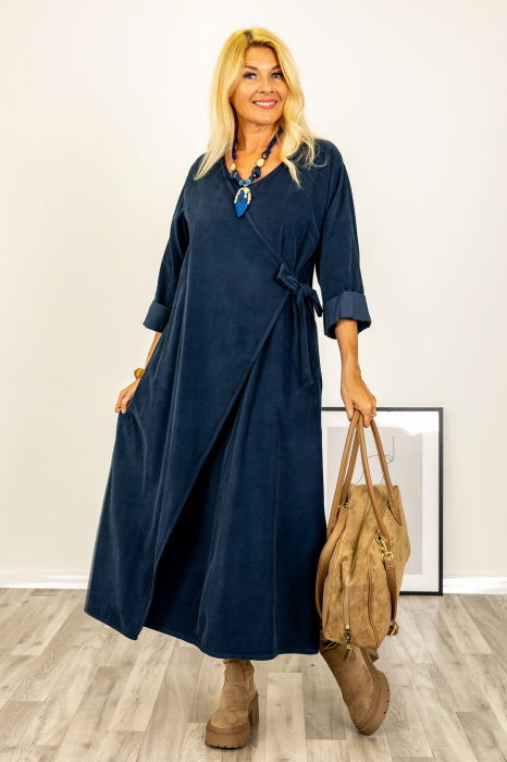 Rochie petrecuta oversize A-line, din catifea reiata, bleumarin [2]