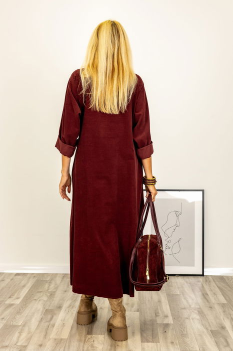 Rochie petrecuta oversize A-line, din catifea reiata, bordo [4]