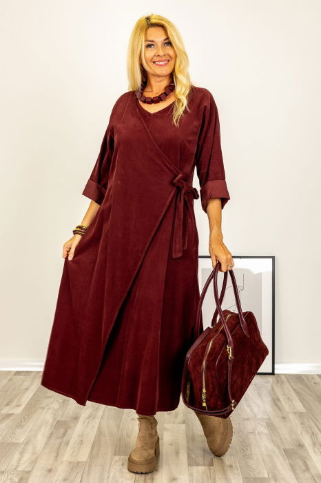 Rochie petrecuta oversize A-line, din catifea reiata, bordo [3]