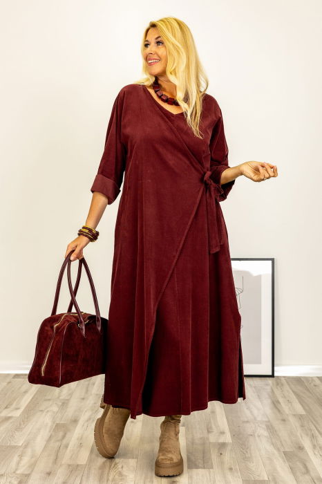 Rochie petrecuta oversize A-line, din catifea reiata, bordo [2]