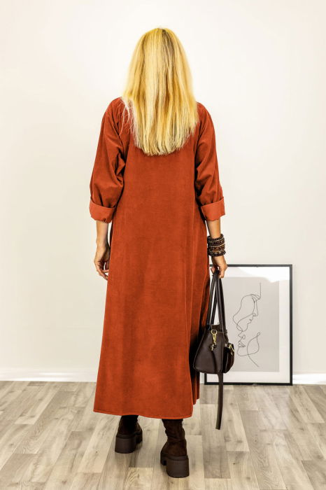 Rochie petrecuta oversize A-line, din catifea reiata, caramiziu vibrant [3]