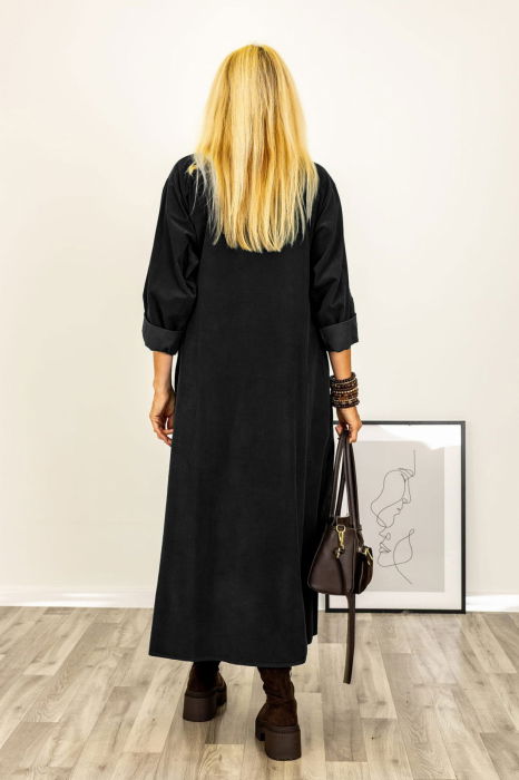 Rochie petrecuta oversize A-line, din catifea reiata, neagra [3]