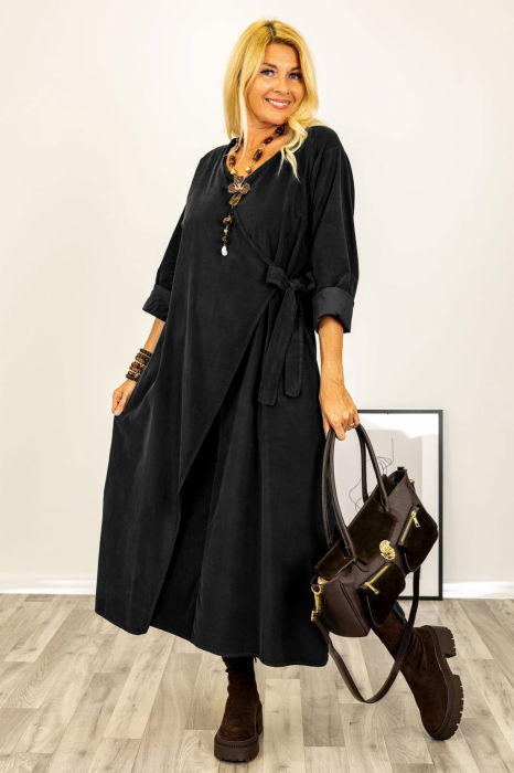 Rochie petrecuta oversize A-line, din catifea reiata, neagra [2]