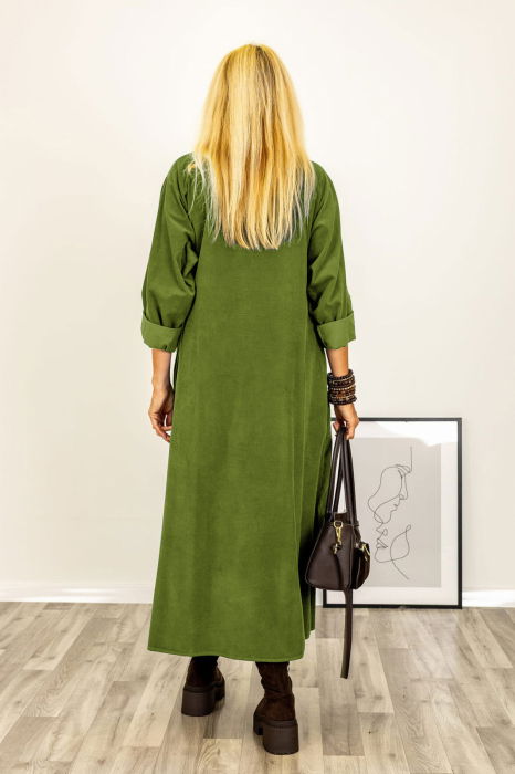 Rochie petrecuta oversize A-line, din catifea reiata, verde oliv [3]