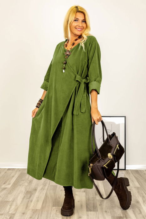 Rochie petrecuta oversize A-line, din catifea reiata, verde oliv [2]
