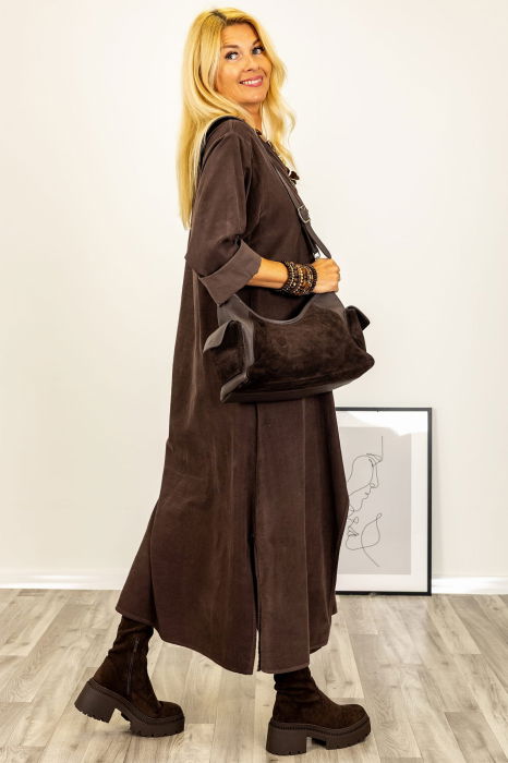 Rochie petrecuta oversize A-line, din catifea reiata, maro [3]