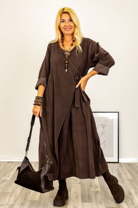 Rochie petrecuta oversize A-line, din catifea reiata, maro [2]