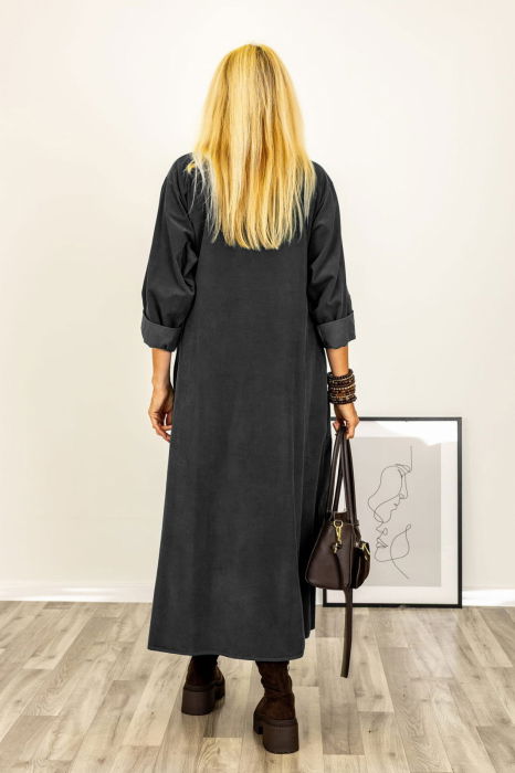 Rochie petrecuta oversize A-line, din catifea reiata, gri [4]