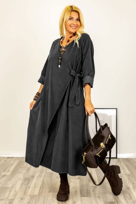 Rochie petrecuta oversize A-line, din catifea reiata, gri [3]