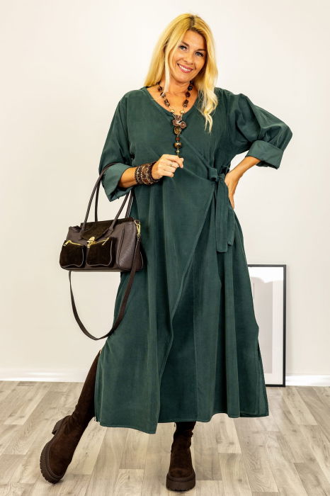 Rochie petrecuta oversize A-line, din catifea reiata, verde inchis [3]