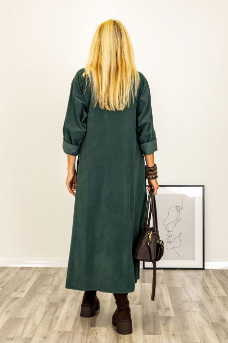 Rochie petrecuta oversize A-line, din catifea reiata, verde inchis [5]