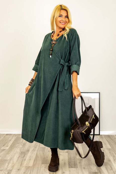 Rochie petrecuta oversize A-line, din catifea reiata, verde inchis [2]