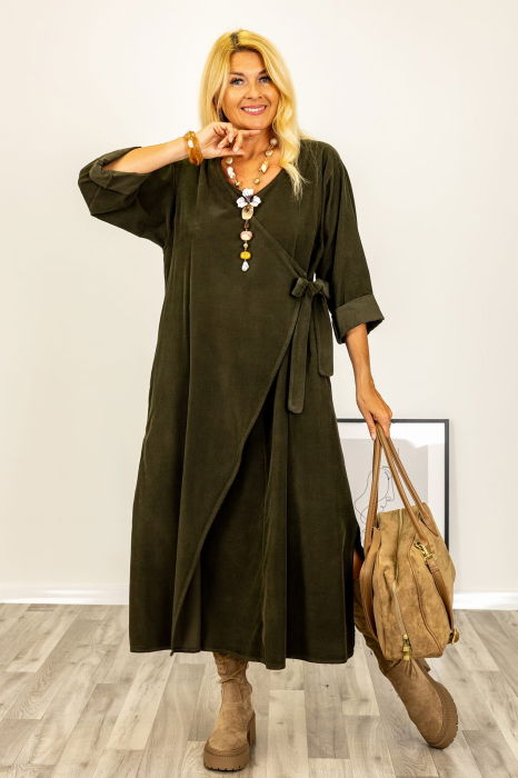 Rochie petrecuta oversize A-line, din catifea reiata, kaki [3]