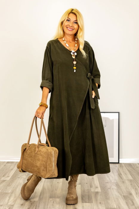 Rochie petrecuta oversize A-line, din catifea reiata, kaki [4]