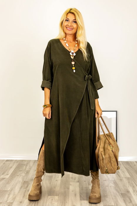 Rochie petrecuta oversize A-line, din catifea reiata, kaki [2]