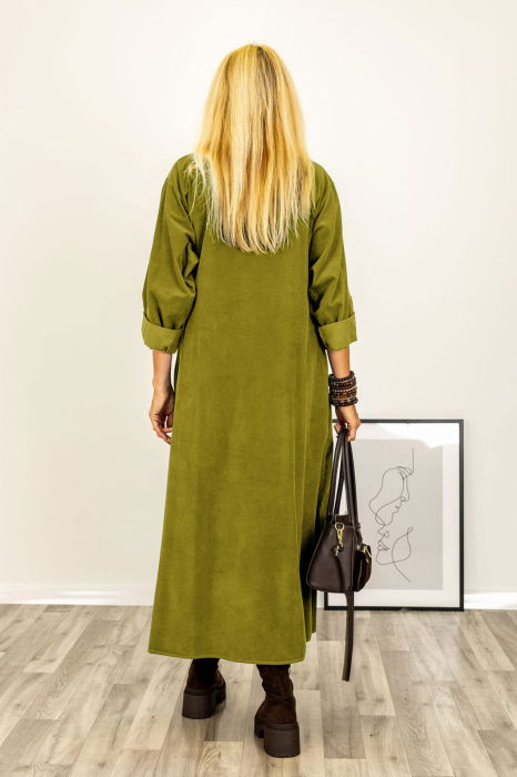 Rochie petrecuta oversize A-line, din catifea reiata, verde oliv [3]