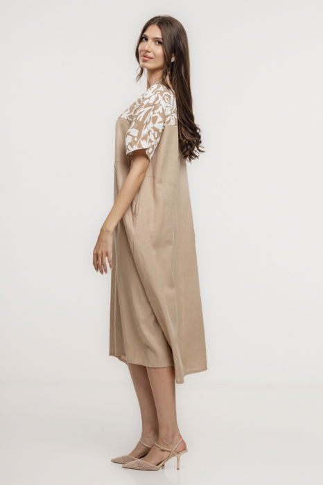 Rochie din in mercerizat, cu croi lejer si design minimalist bej cu platca mica imprimata [2]