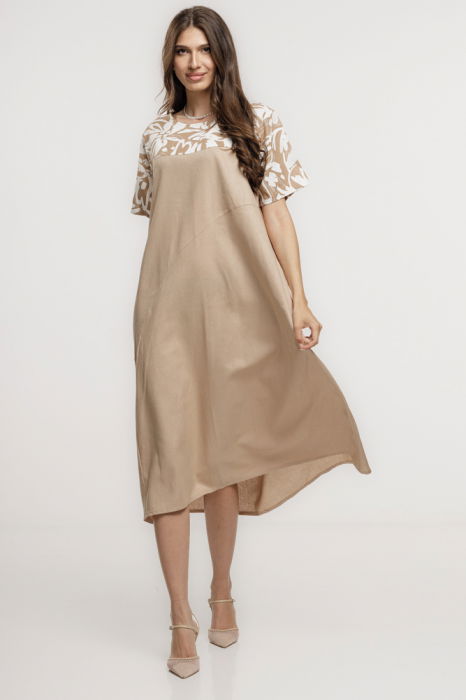 Rochie din in mercerizat, cu croi lejer si design minimalist bej cu platca mica imprimata [1]