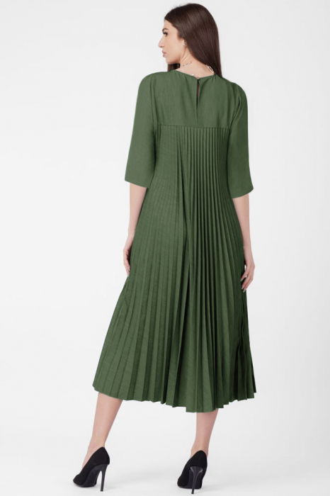 Rochie plisata A-line cu maneci trei sferturi, material fin si usor creponat, kaki [3]